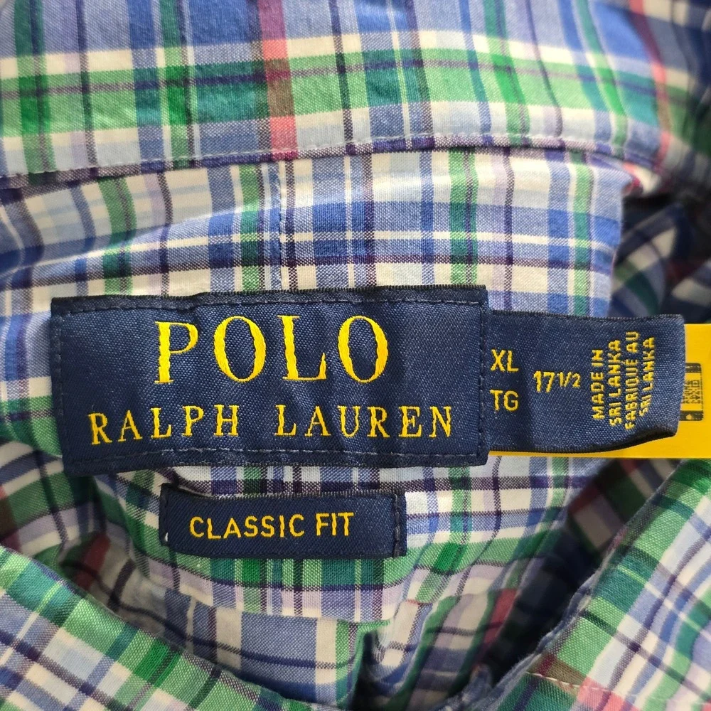 Polo Ralph Lauren Mens XL Classic Fit Plaid Button Down Shirt Blue Green Stretch